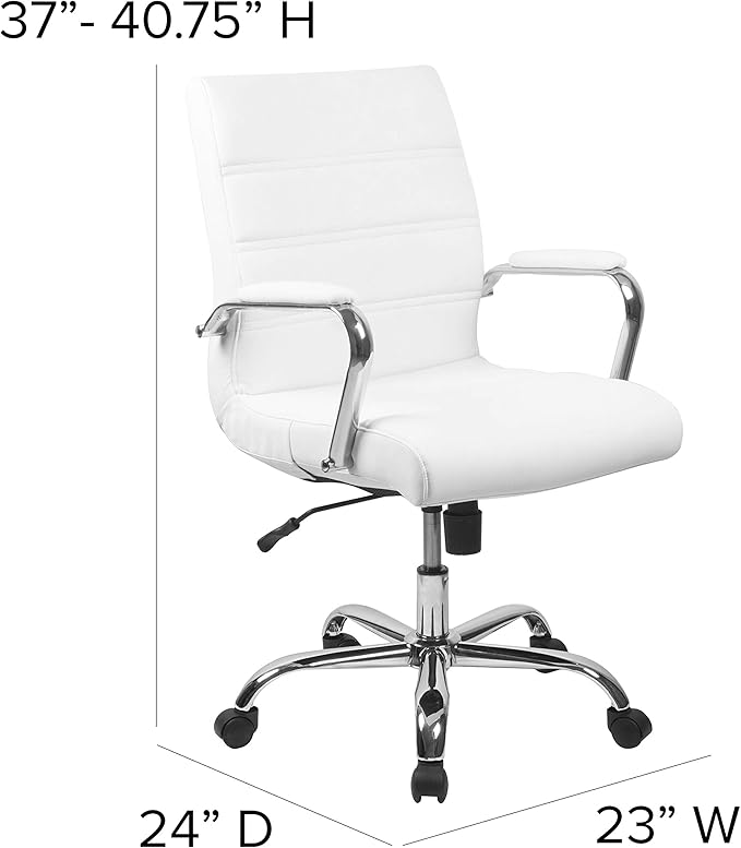 Flash Furniture Whitney Mid-Back Swivel LeatherSoft Desk Chair with Padded Seat and Armrests, Adjustable Height Padded Office Chair, White/Chrome