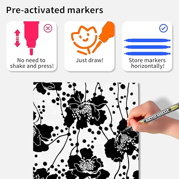 NAWOD 3 Black Acrylic Paint Pens, Acrylic Paint Markers Dual Tip (Dot Tip + Brush Tip), Acrylic Permanent Markers for Rock, Fabric, Canvas, Ceramic, Glass, Wood, Paper, Labeling, Drawing, DIY Crafts