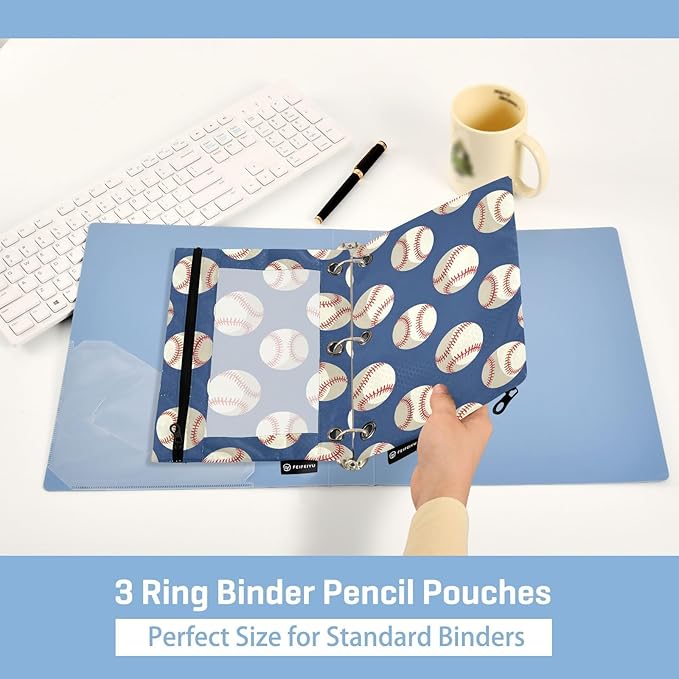Baseballs Ball on Blue Pencil Pouch for 3 Ring Binder, 2 Pack Waterproof Pencil Bags Clear Window Zipper School Office Supplies