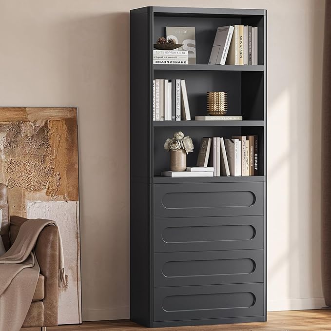 Bookcase with 4 Drawers, 72.1" Tall Bookshelf with 3 Storage Shelves, Large Bookshelves Cabinet for Living Room, Bedroom, Home Office (Black)