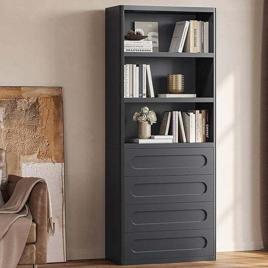 Bookcase with 4 Drawers, 72.1" Tall Bookshelf with 3 Storage Shelves, Large Bookshelves Cabinet for Living Room, Bedroom, Home Office (Black)