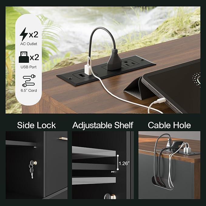 4 Drawer File Cabinet, Wood Filing Cabinet for Home Office with Lock, Power Strip, Storage Shelves, Home Office Lateral File Storage Fits Legal/Letter Size, Black Walnut