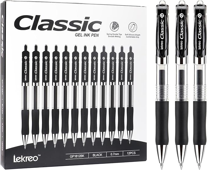 Classic Retractable Gel Roller Pens, 0.7mm Fine Point (Black Ink- 12 Packs)