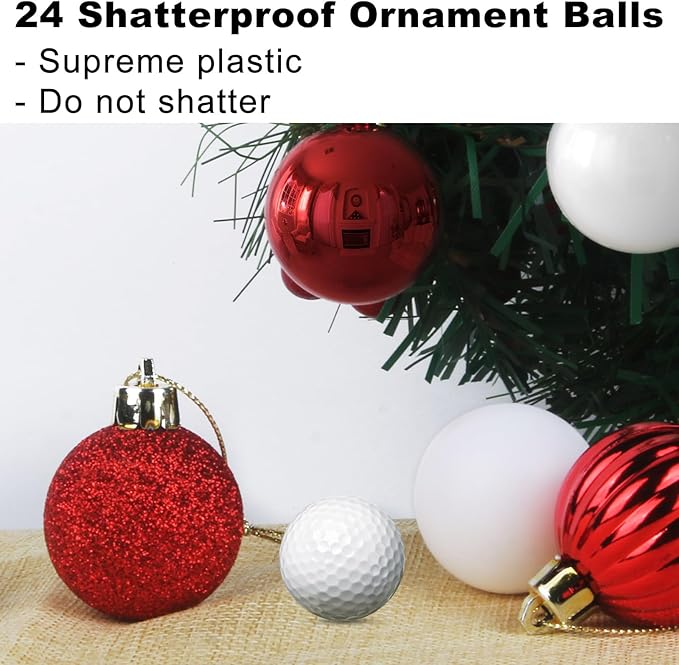 Red & White 2.5" Christmas Balls Christmas Tree Decoration Ornaments Shatterproof Hanging Balls for Birthday Halloween Holiday Wedding Decorations Set of 24pcs