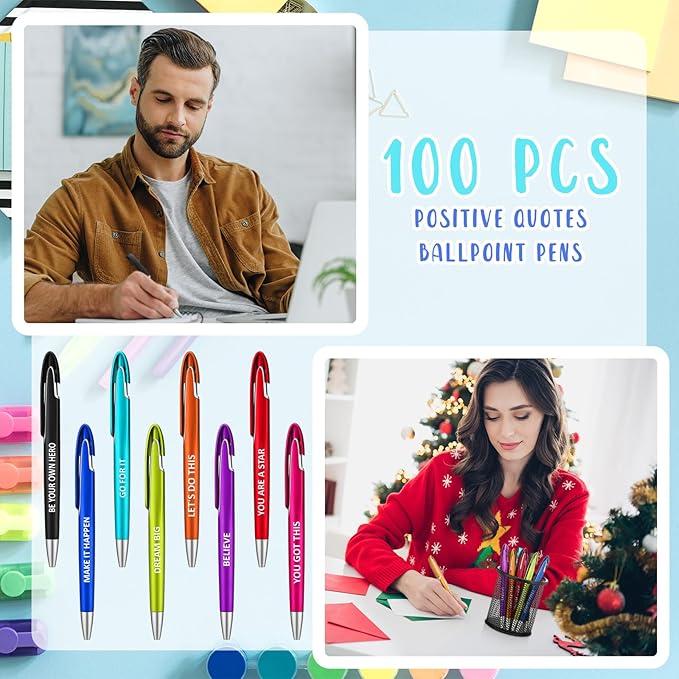 Lincia 100 Pcs Positive Theme Ballpoint Pens Bulk Retractable Medium Point Pens with Black Ink Inspiration Thank You Gifts for Teacher, Back to School, Christmas