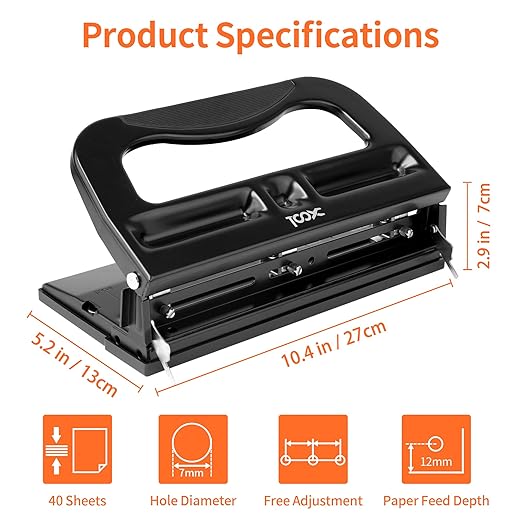 XOOL 3 Hole Punch, Heavy Duty Metal Hole Puncher for 2 or 3 Holes, 9/32" 7mm Hole Diameter, 40-Sheet Capacity, Adjustable Hole Spacing, Non-Slip Base for Office & School