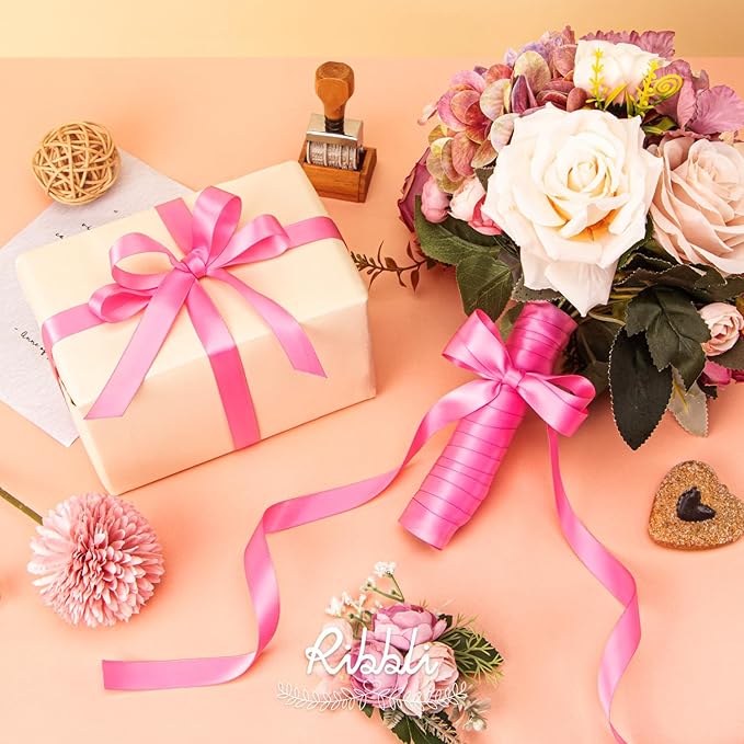 Ribbli Hot Pink Satin Ribbon 5/8 inch x Continuous 25 Yards,Double Faced Satin Use for Craft, Gift Wrapping, Christmas Ornaments, Hair Bows, Bouquet Bows