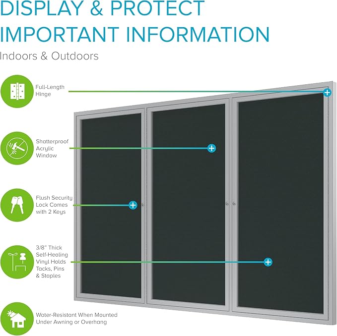 Ghent 36"x72" 3-Door Outdoor Enclosed Vinyl Bulletin Board, Shatter Resistant, with Lock, Satin Aluminum Frame - Ebony (PA33672VX-183), Made in the USA