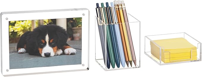 Mind Reader 3-Piece Desk Organizer Set, Pen Holder, Photo Frame and Sticky Note Tray, Desktop Organization, Office, Acrylic, Clear