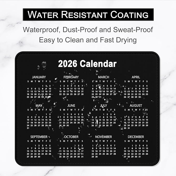 2026 Calendar Mouse Pad, Square New Year 2026 Mousepad 10.2 x 8.3 Inch, Stitched Edge Anti-Slip Waterproof Rubber Computer Mat for Office, Gaming, Laptop, New Year Office Supplies Gift, Black