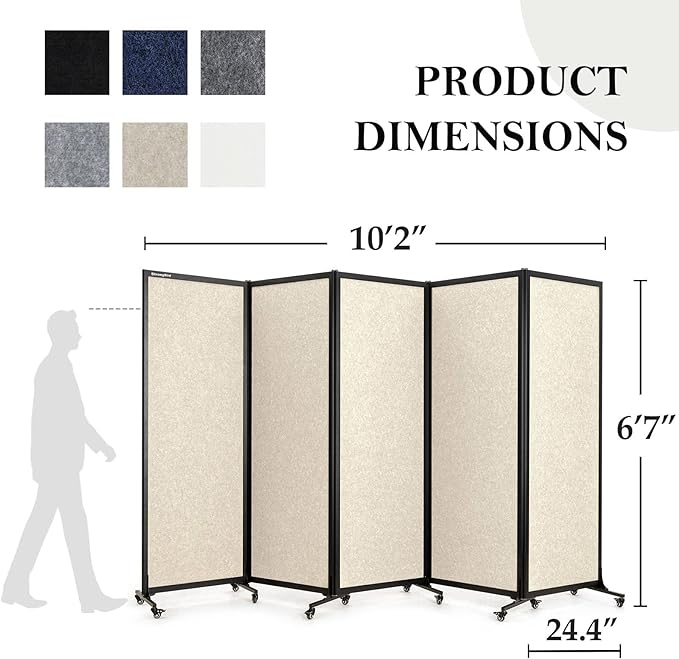 Upgrade Version Room Partition and Divider, Freestanding Rolling Dividers with Wheels,Office Privacy Screen Divider Wall,Classroom Felt Dividers,10'6"L* 6'7"H,5 Panel,Beige