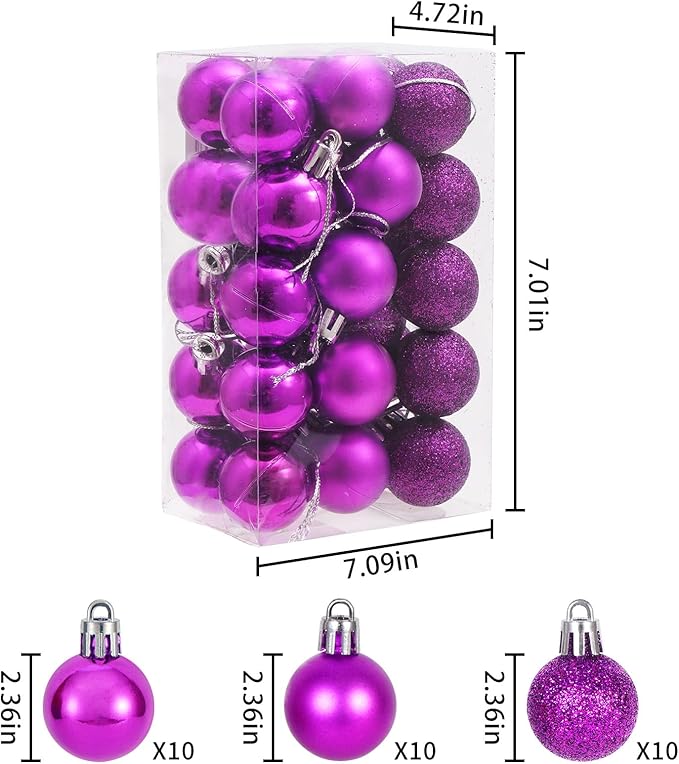 30ct Christmas Ball Ornaments, 2.36" Shatterproof Christmas Tree Decorations, Perfect Hanging Ball for Indoor/Outdoor Holiday Party Decor (Purple)
