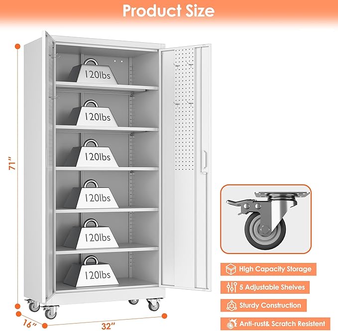 Aobabo Metal Storage Cabinet with Wheels,Heavy Duty Office Storage Cabinet with Lock,Steel Cabinet with 2 Doors and 5 Adjustable Shelves for Office Home School Storage,Required-Assembly White