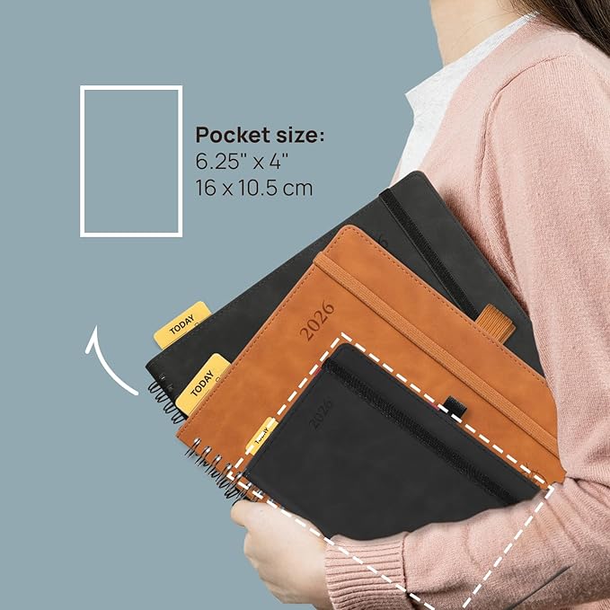 POPRUN 2026 Planner Weekly Notebook (Jan-Dec), Small Size 4''x 6.25'' - 2026 Pocket Calendar for Purse with Spiral Soft Cover, Plastic Ruler, Inner Pocket, 100 GSM - Lilac