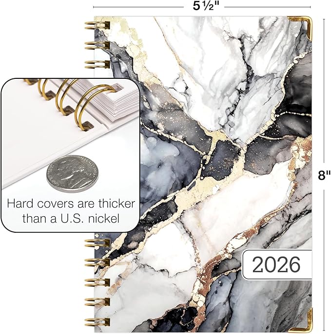 HARDCOVER 2026 Planner, 5.5"x8": 14 Months (November 2025 - December 2026), Daily Weekly Monthly Planner, Yearly Agenda, Bookmark, Pocket Folder and Sticky Note Set (Black Gold Marble)