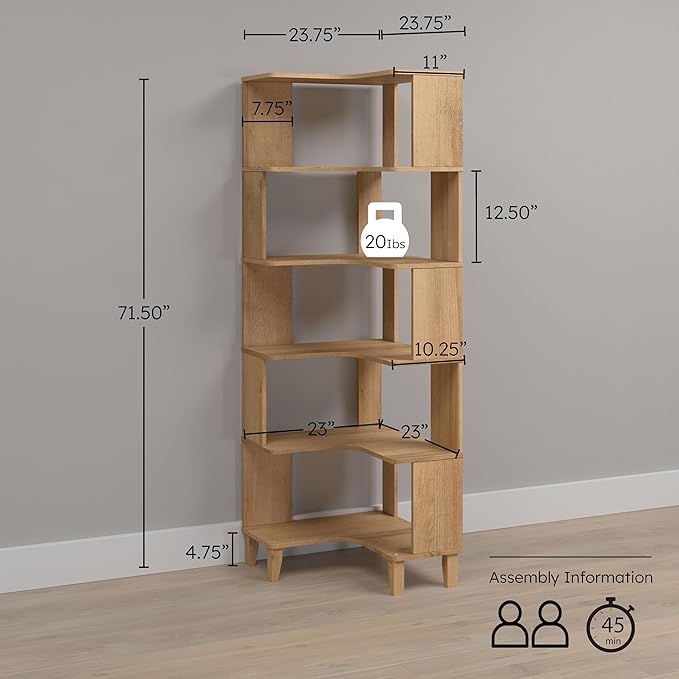 Prepac Nordik 6-Tier Natural Oak Modern Mid Century Corner Bookcase, 71.5" Extra Tall Corner Shelf with Storage, Multifunctional Freestanding Bookshelf for Home Office, Living Room, Bedroom