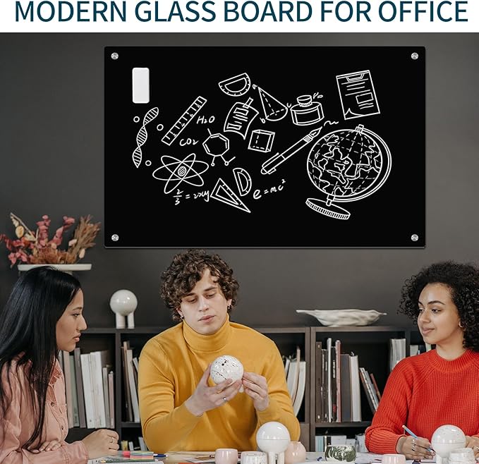 Magnetic Whiteboard, Black Dry Erase Board 4' x 3', Tempered Glass White Board Frameless, Home School Supplies or Home Office Decor with Magnets, Markers, Eraser, Marker Tray