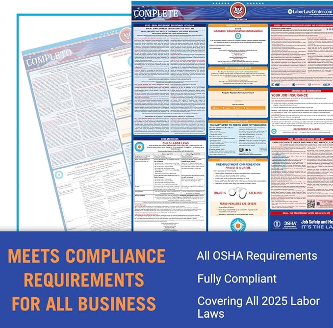 Indiana Labor Law Poster 2025- State, Federal, OSHA Compliant - Workplace Required Posting for Employees - Spanish OSHA Poster - UV Laminated Waterproof - 26” x 39.5” - Spanish