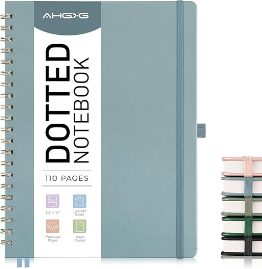 AHGXG Bullet Dotted Journal Spiral Notebook 8.5" x 11", Large A4 Leather Hardcover Dotted Notebook, 100 GSM Thick Dot Grid Paper, Inner Pocket, for Bullet Journaling, GrayBlue