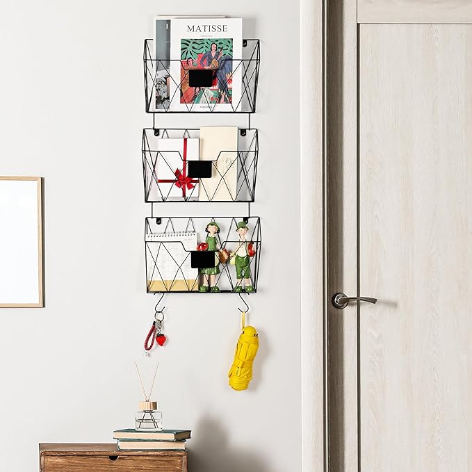 Hanging File Holder Wall File Organizer Holder, 6 Pockets Wall Mount Vertical Magazine Rack with Hooks for Office Home, Black