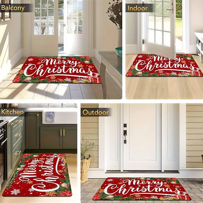 InterestPrint Merry Christmas Welcome Mat Low Profile Entrance Decoration Easy Clean Door Rug Christmas Red Doormat Outdoor Entrance for Outside Entrance Or Porch Entry, 16" x 24" Inch