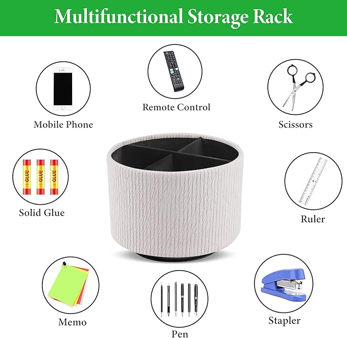 Hennaja Round Leather Art Supply Organizer,Remote Control Holder,360 Degree Spinning,Multi-Functional Pencil Holder,4 Compartments Desktop Stationary Organizer(1-Wood Beige)