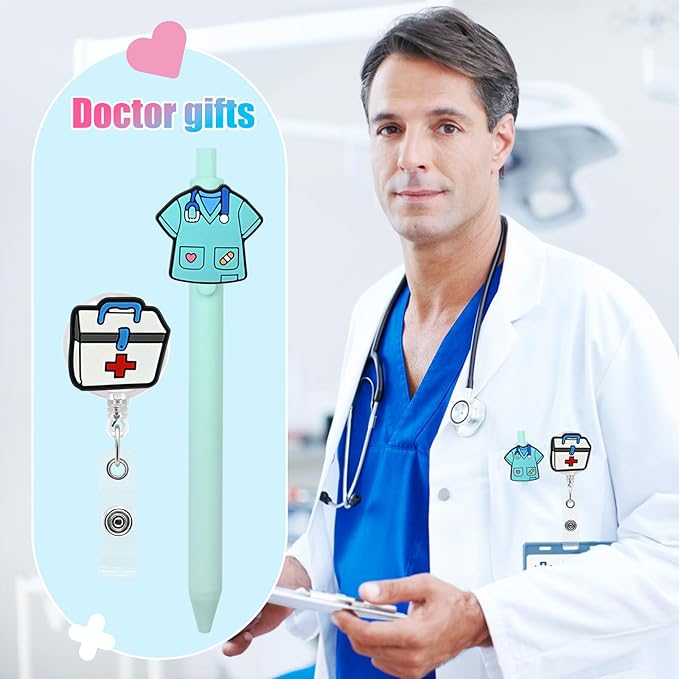 Nurse Pen with Badge Reel Holder Clip Combination,Nursing ID Badges Name Card Reels Novelty Gel Pens Funny Ballpoint Pen Nursing Charms Accessories Cna Work Supplies Nurse Week gifts Party Favors 20P