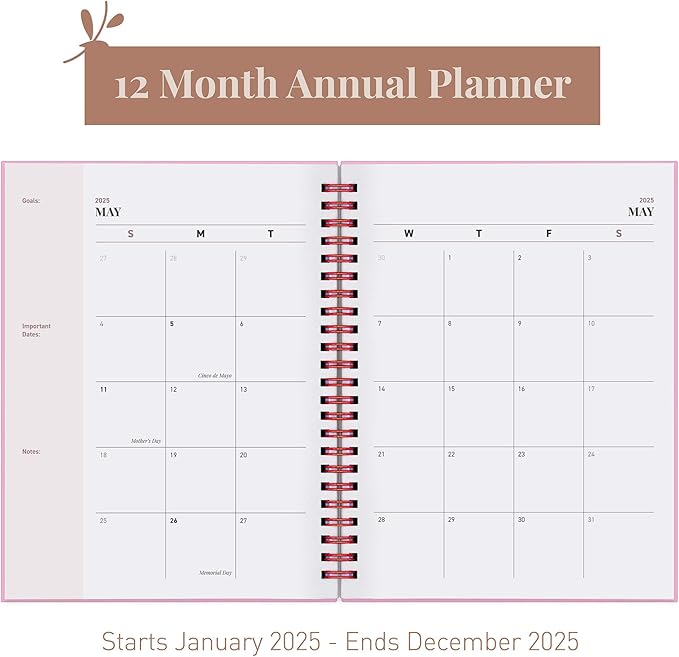 Rileys & Co 2025 Floating Weekly Planner - Annual Weekly & Monthly Agenda Planner, Jan - Dec 2025, Hardcover Cover, Notes Pages, Twin-Wire Binding (8.5 x 11-Inches, Pink)