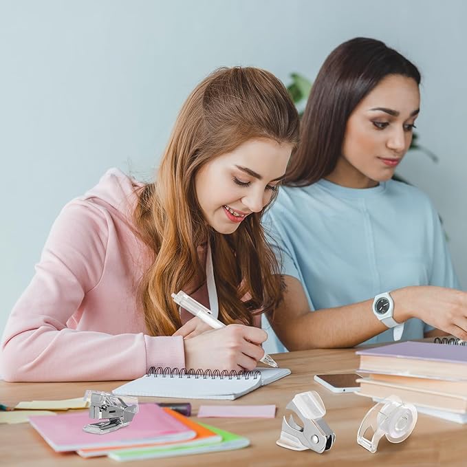 Colarr Mini Office Supply Kit Includes Stapler Tape Dispenser Staple Remover Paper Clips Scissor Staples Pen Sharpener Note Small Telescopic Knife for Office and School Clerk Student (Clear)