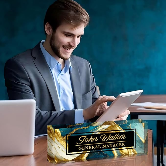 Ship Next Day Personalized Name Plate for Desk, Custom Acrylic Desk Name Sign, Office Appreciation Gifts for Women Men Coworkers Boss Teacher Employee (Green Gilding)