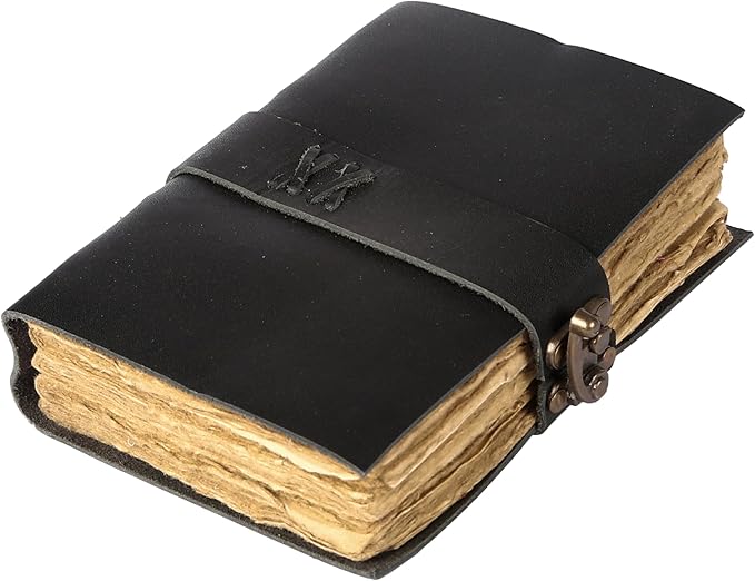 Vintage Leather Journal Handmade Buffalo Non-Refillable Deckle Edge Paper – Leather Bound Journal for Women, Men C-Lock Closure Ideal for Writing & Travel for Artists (Black)