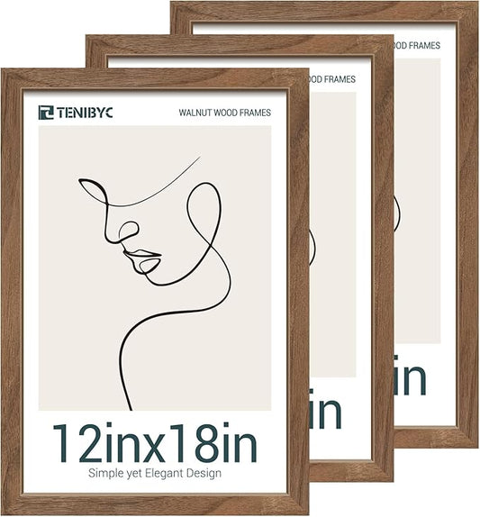 12x18 Walnut Picture Frame Set of 3 with HD Glass - Natural Brown, Solid Wood Poster Frame, Wall Hanging