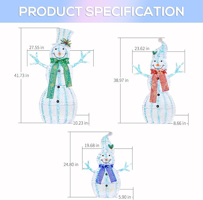Hykolity 3.5 FT 3D Lighted Outdoor Iridescent Christmas Snowman Family, 3-Piece Lighted Snowman Set with 180 LED Lights, Ground Stakes, Zip Ties for Holiday Decoration