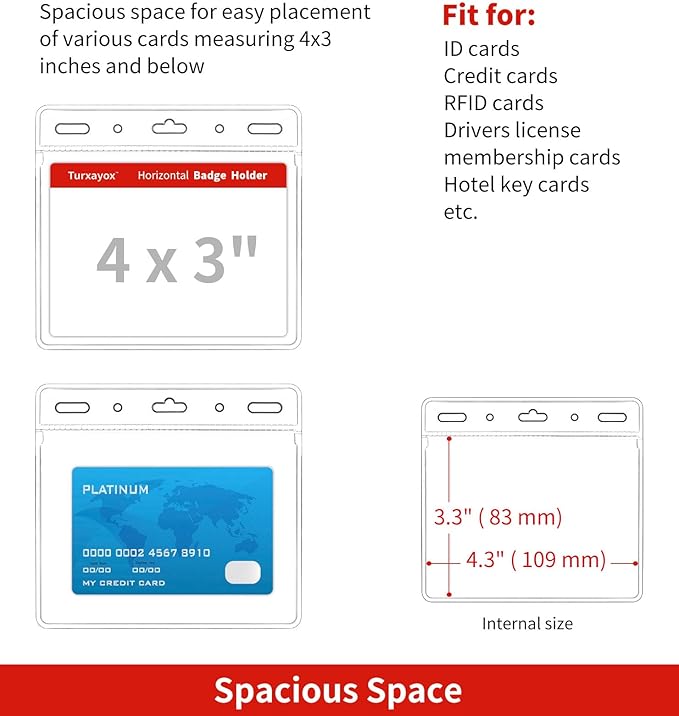 100 Pack Horizontal Clear ID Badge Holder, 4x3 Inch Plastic Name Tag Badge Holders, Card Protector Cover, Quick Load and Remove No Zipper Sleeve for Lanyard