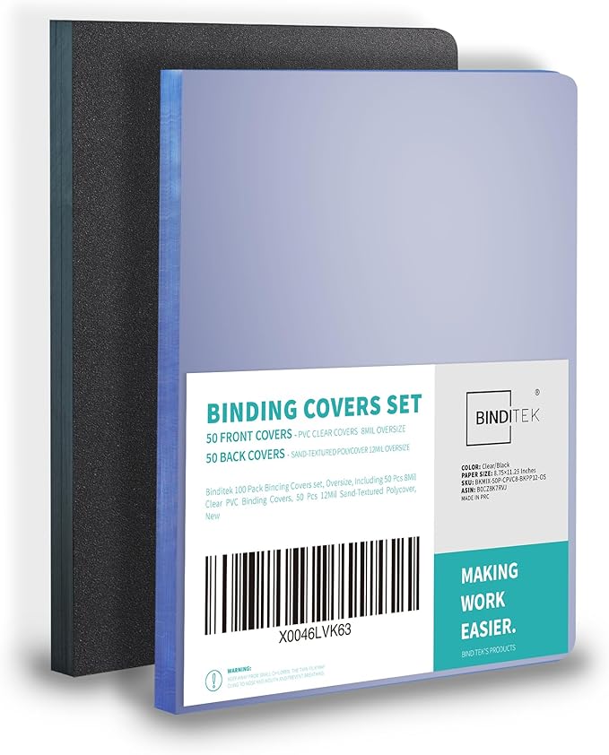 Binditek 100 Pack Binding Covers and Backs Set, 8.75 x 11.25 Inches, 50 Clear PVC (8Mil), 50 Sand-Textured Polycovers (12Mil), Oversize