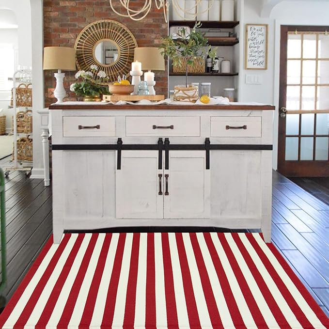 Christmas Outdoor mat Red and White Striped Outdoor Rug Front Porch Rug,Christmas Home Decor, Layerd Welcome Doormat for Front Porch Decor, Front Door, Farmhouse Decor (Red and White, 36''x60'')