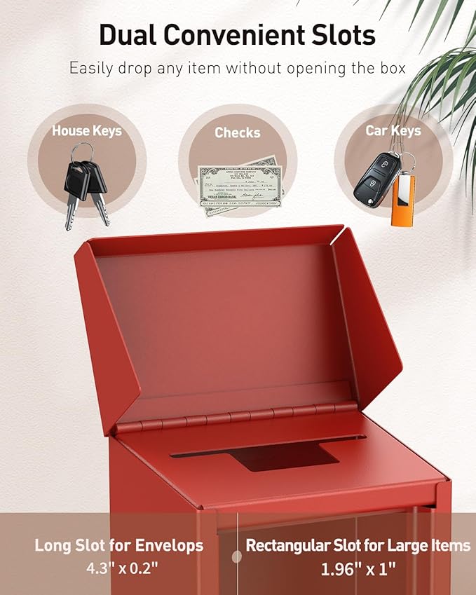 Uniclife Key Drop Box for Outside, Red Metal Donation Box Collection Box with Key Lock, Safe Suggestion Box, Wall Mounted Mailbox with Top Slot, Steel Cash Drop Box for Home Office and Business