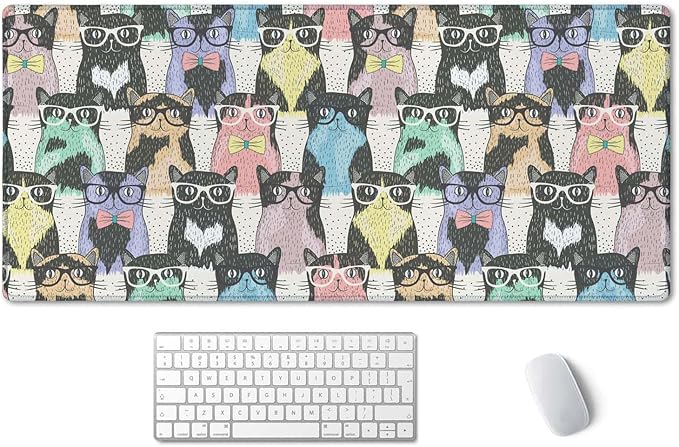 SSOIU Extended Gaming Mouse Pad Mat Large Desk Mat Non Slip Rubber Base Computer Desktop Laptop Keyboard Mouse Mat Stitched Edges, 35.5x15.7 in XXL Waterproof Mousepad for Work Game, Hipster Cute Cats