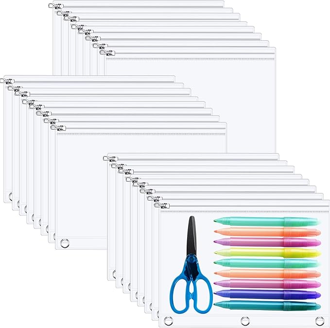 Lincia 48 Pack Clear Pencil Pouch for 3 Ring Binder Pencil Case with Metal Zipper 3 Ring Binder Pocket Inserts Bag 10 x 7'' Visible Cash Envelope with Re-enforced Grommet for College Office Supplies