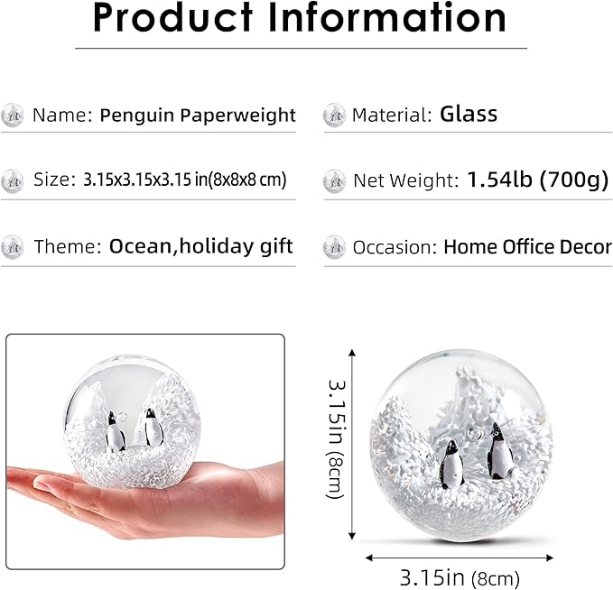 EUSTUMA Hand Blown Glass Penguin Paperweight,Sea Animal Ornament for Fish Tank Aquarium,Sea Animals Collection for Birthday Gift,Paperweight Glass Ball