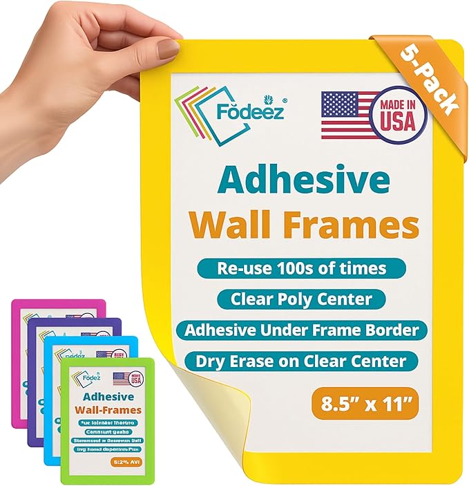 8.5 x 11 Adhesive Wall Frames - Peel & Stick Picture Frames, Wall Sign Holder, Paper Protector Sheets, Certificate Holders, Reusable Picture Frame, Dry Erase, Non Magnetic - Bright, Pack of 5