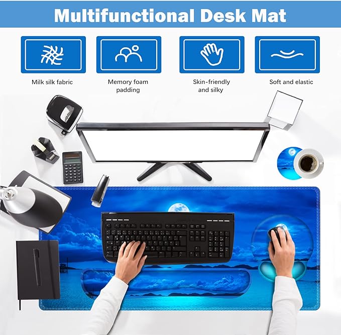 ARTSO Large Mouse Pad Set, Ergonomic Keyboard Wrist Rest Support, Memory Foam Gel Extended Non-Slip Desk Blotter Pad for Office, Home, Moon Blue Sea