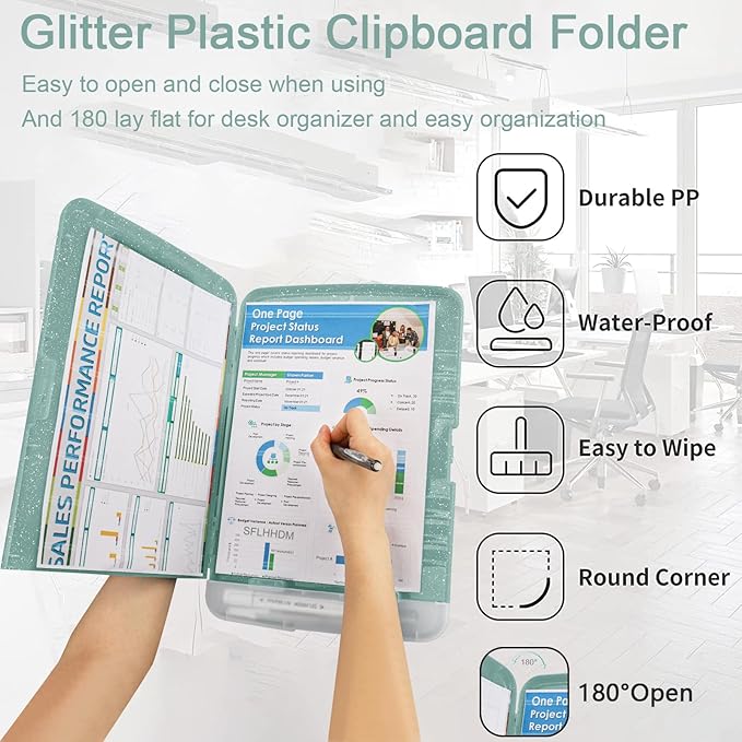 Glitter Clipboard with Storage,Storage Clipboard with Pen Holder,A4 Binder Clip Boards 8.5x11 with Low Profile Clip,Side Opening Sparkle Clipboards, Clipboards Folder for Office Supplies-Grayish Green
