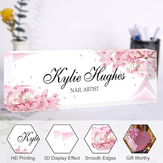 Custom Name Plate for Desk, Personalized Acrylic Office Name Sign with Name & Title, Elegant Desk Decor for Women Men, Employee Appreciation Gift (Sakura-2)