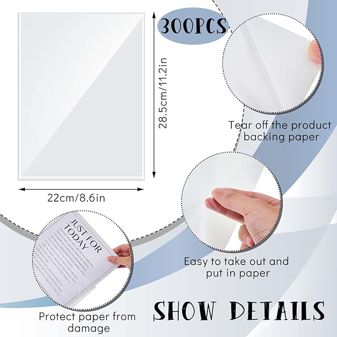 Gueevin 300 Pcs 8.5 x 11 Inch Self Adhesive Display Pockets - Peel and Stick Clear Paper Sleeves for Wall and Door Communication - Letter Size Plastic Sheet Protector