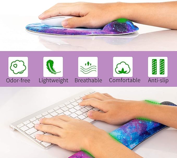 Ergonomic Keyboard Mouse Pad Wrist Rest Support Set for Laptop/Computer/Desktop,Memory Foam Hand Rest Wrist Cushion for Gaming/Office,Lightweight Comfortable & Pain Relief (Galaxy)