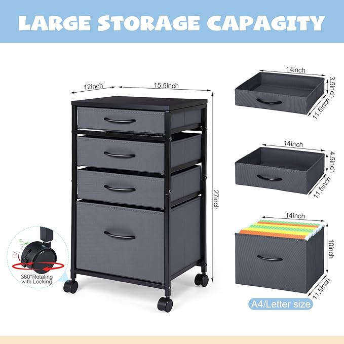Chunful 4 Drawer Rolling File Cabinet Mobile Printer Stand Metal Cart with Fabric Vertical Filing Chest Wheels A4 Letter Size Under Desk Utility Craft Storage Organizer for Home Office(Grey)