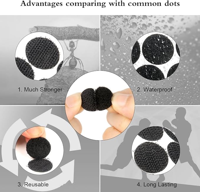 Self Adhesive Dots, Strong Adhesive 400pcs(200 Pairs) 0.59 inch Diameter Sticky Back Hook Nylon,Loop Strips with Waterproof Sticky Glue Tapes for Classroom, Office, Home(Black)