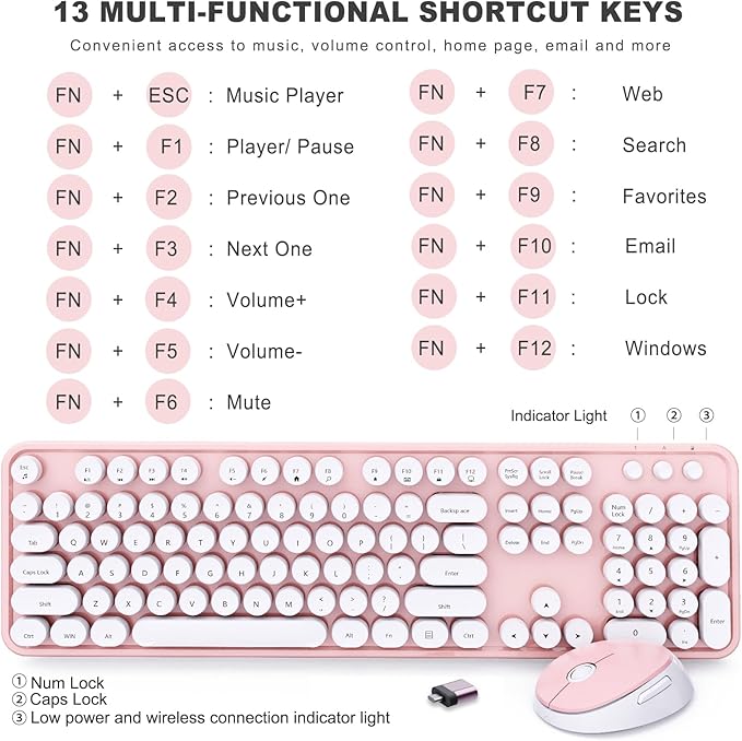 Wireless Keyboard and Mouse Combo, Ergonomic Full Size Typewriter Retro Round Keycaps Keyboard, Compatible with Windows, PC, Perfer for Home and Office Keyboards (Lovely Pink)