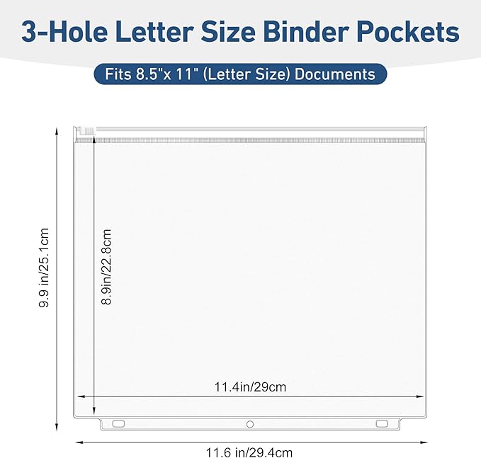 Antner 36 Pack Letter Size Binder Pockets for 3-Ring Binder Zipper Pouch Waterproof PVC Document Organizer 3-Hole Loose Leaf Folders File Sleeves Storage Bags Side Loading for Business Office Supplies